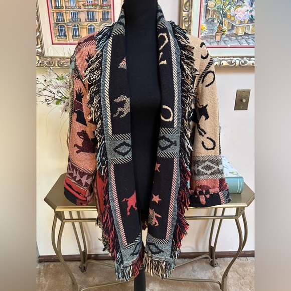WRAPPER VINTAGE NATIVE WESTERN TAPESTRY FRINGE WRAP BLANKET COAT JACKET SIZE OS - Picture 13 of 15